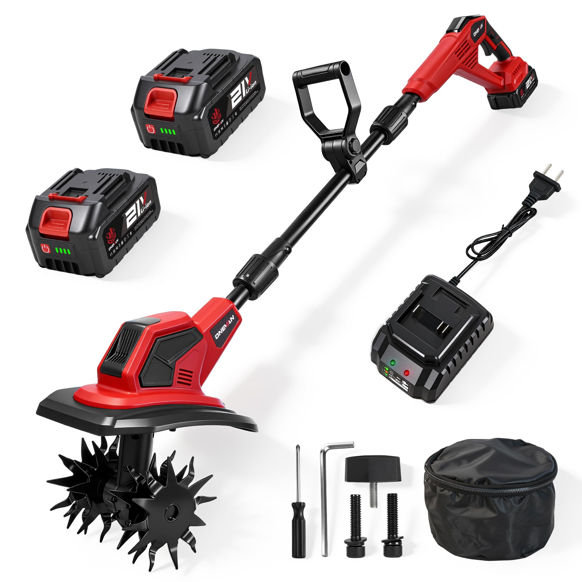 ONEVAN cordless tiller with 360rpm motor for quick soil work.