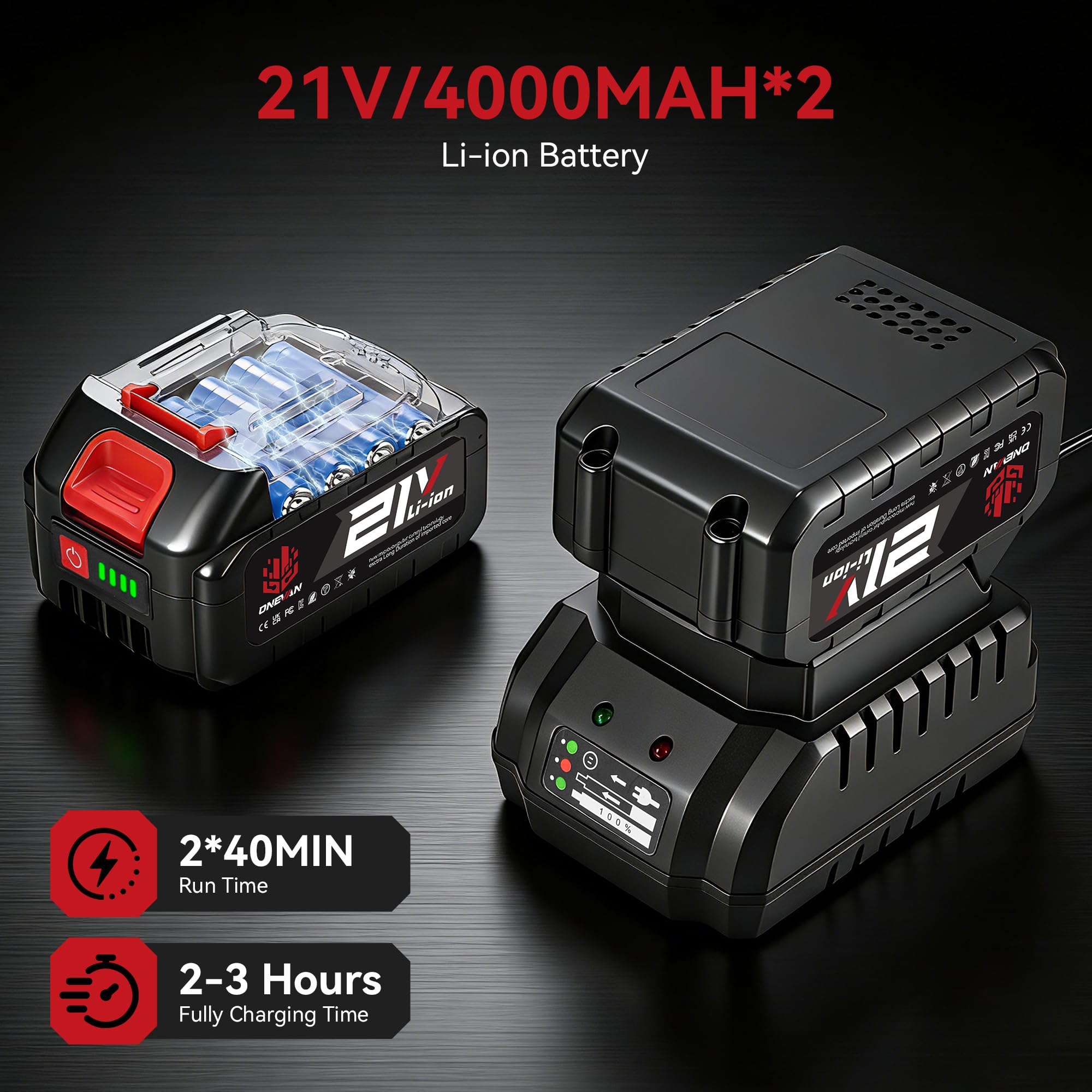 ONEVAN 1.5A fast charger for rapid recharging between tasks.