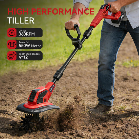 ONEVAN tiller showing 9.5-inch width and 6.7-inch depth capability.