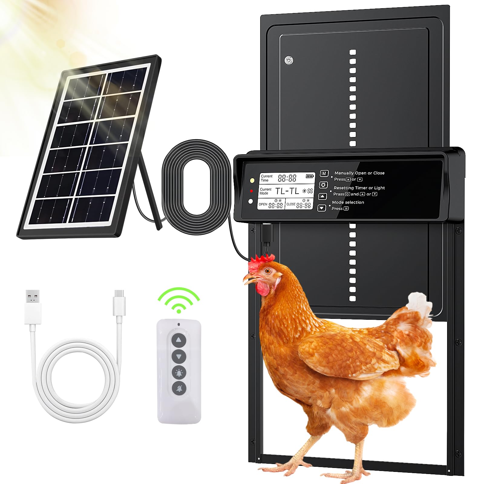 ONKO solar chicken coop door with LCD display for precise timing.