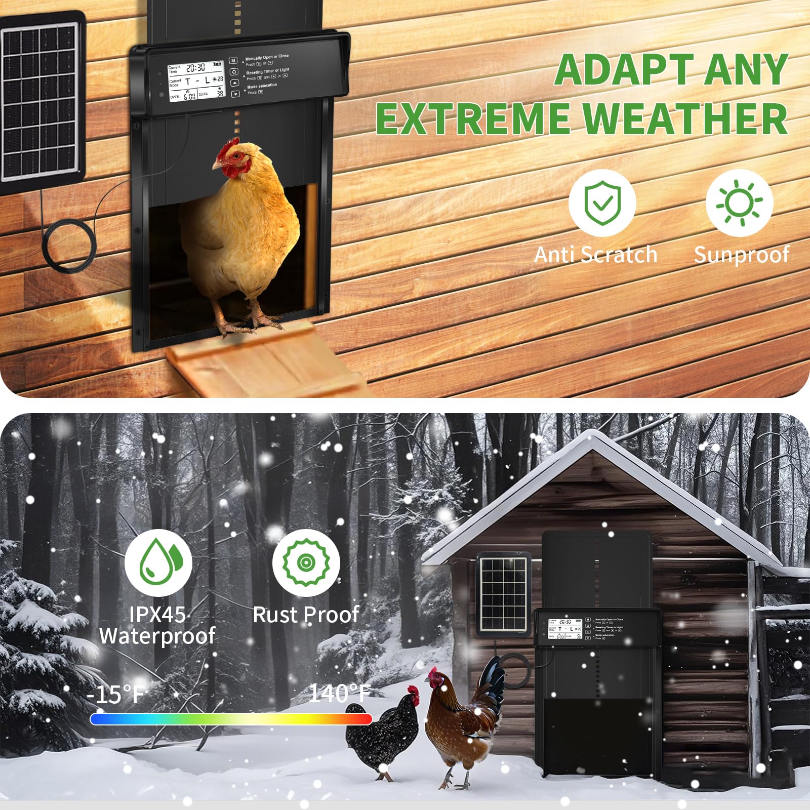 ONKO solar-powered coop door with 2000mAh battery for flexible charging.