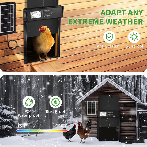 ONKO solar-powered coop door with 2000mAh battery for flexible charging.