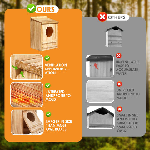 ONKO wooden owl house dimensions fit small to medium owls for resting and nesting.