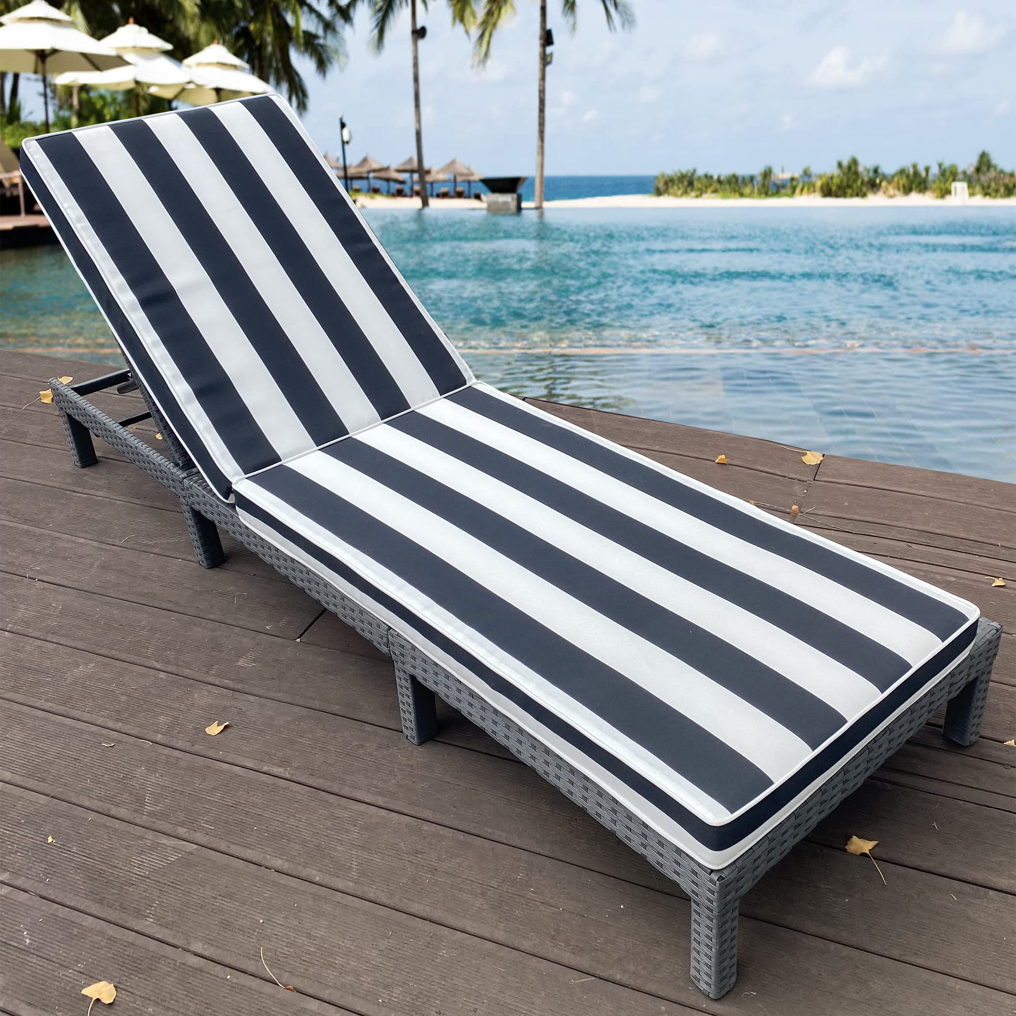 Only Choice patio chaise cushion on furniture with stripe design in setting.