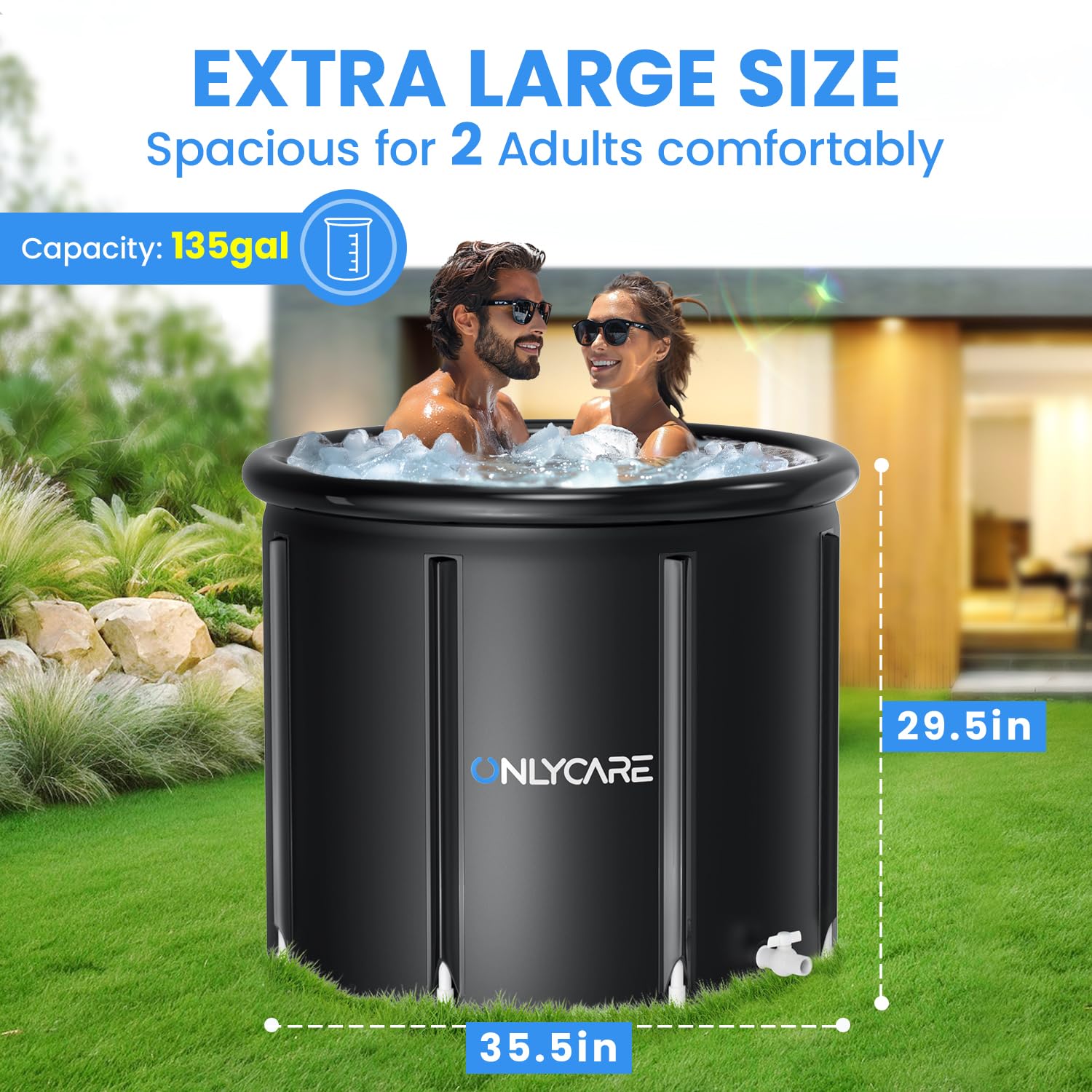 Two adults enjoying a spacious cold plunge in the ONLYCARE tub.