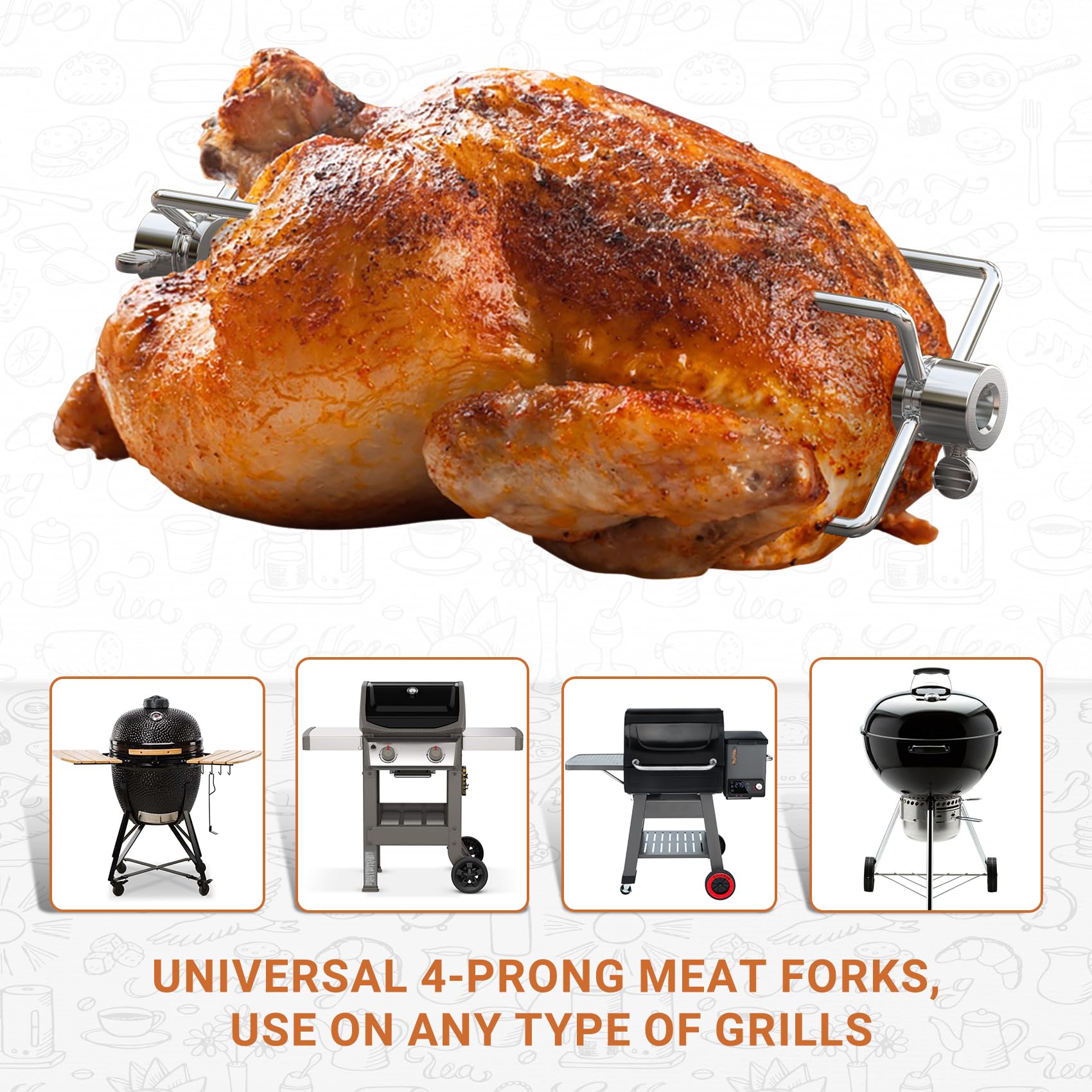 Onlyfire 6003 supports 3/8-inch and 5/16-inch square spits for versatile grills