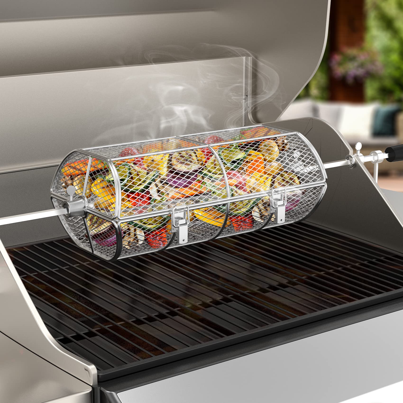 Onlyfire basket with vegetables on a rotating rack delivers even heat.