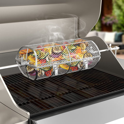 Onlyfire basket with vegetables on a rotating rack delivers even heat.