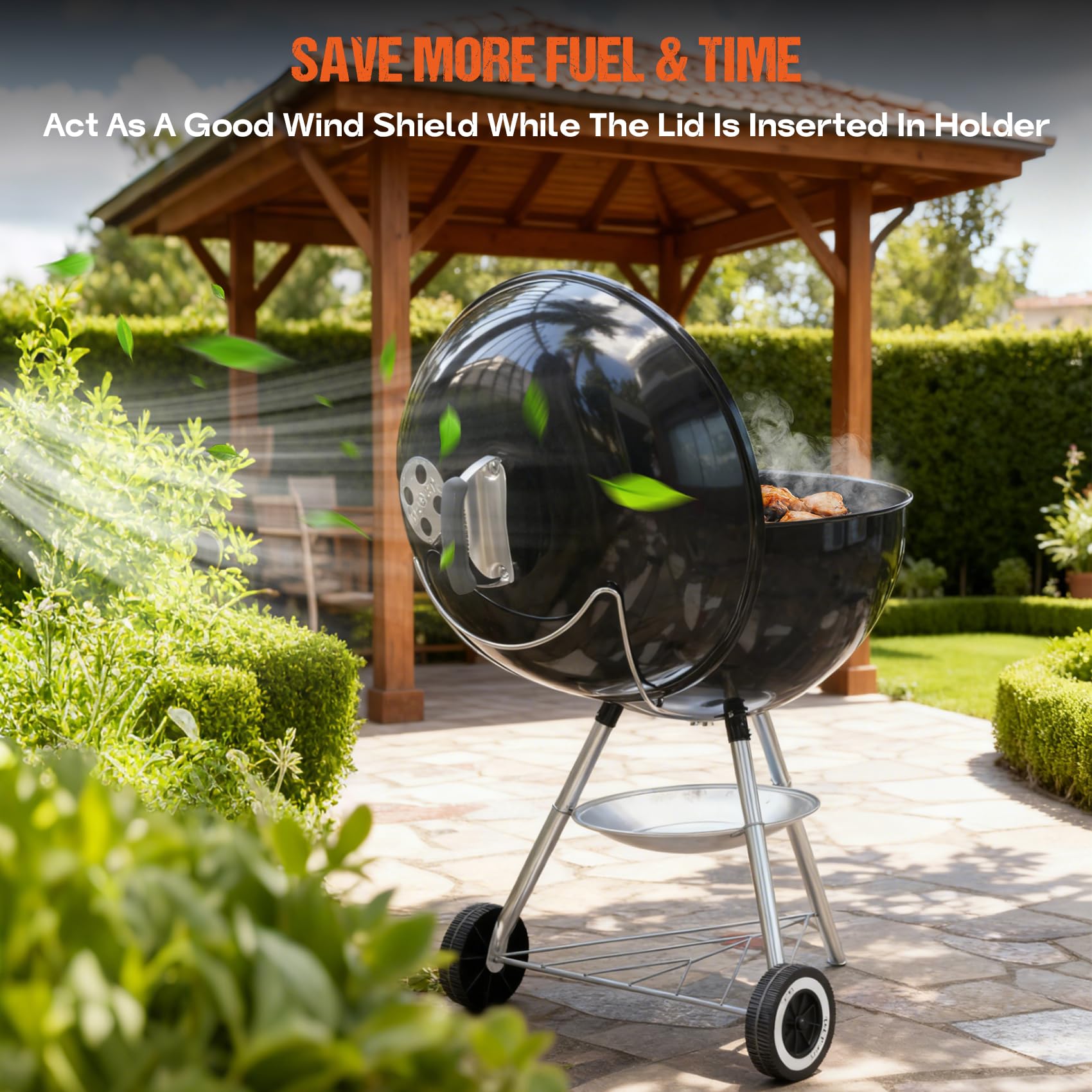 Onlyfire charcoal kettle accessory stores the lid safely during cooking.
