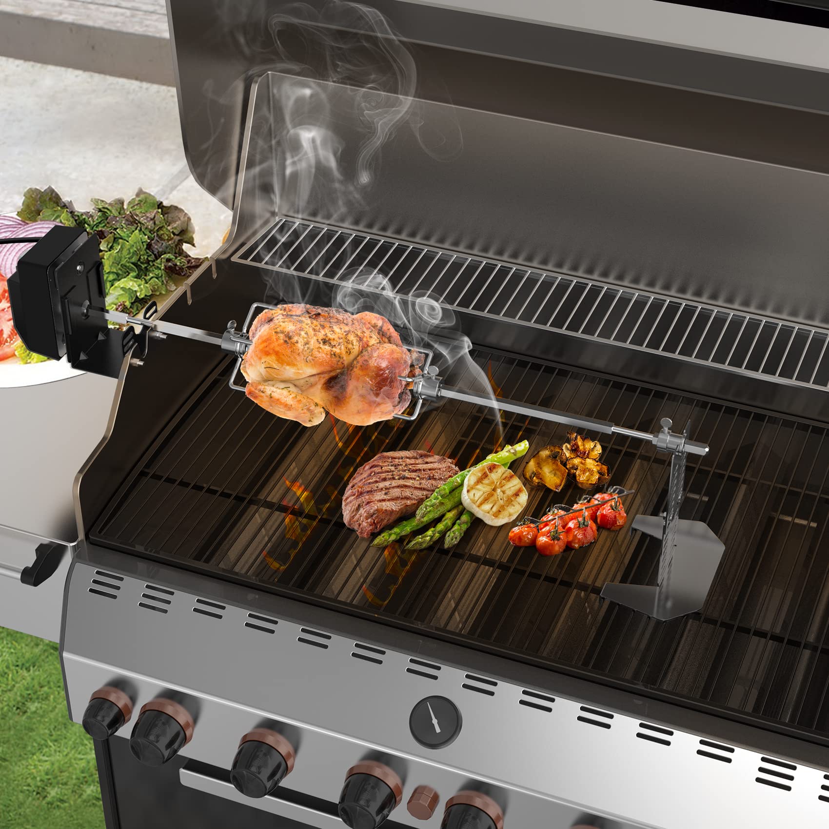 Onlyfire rotisserie in use shows even heat during cooking on a grill.