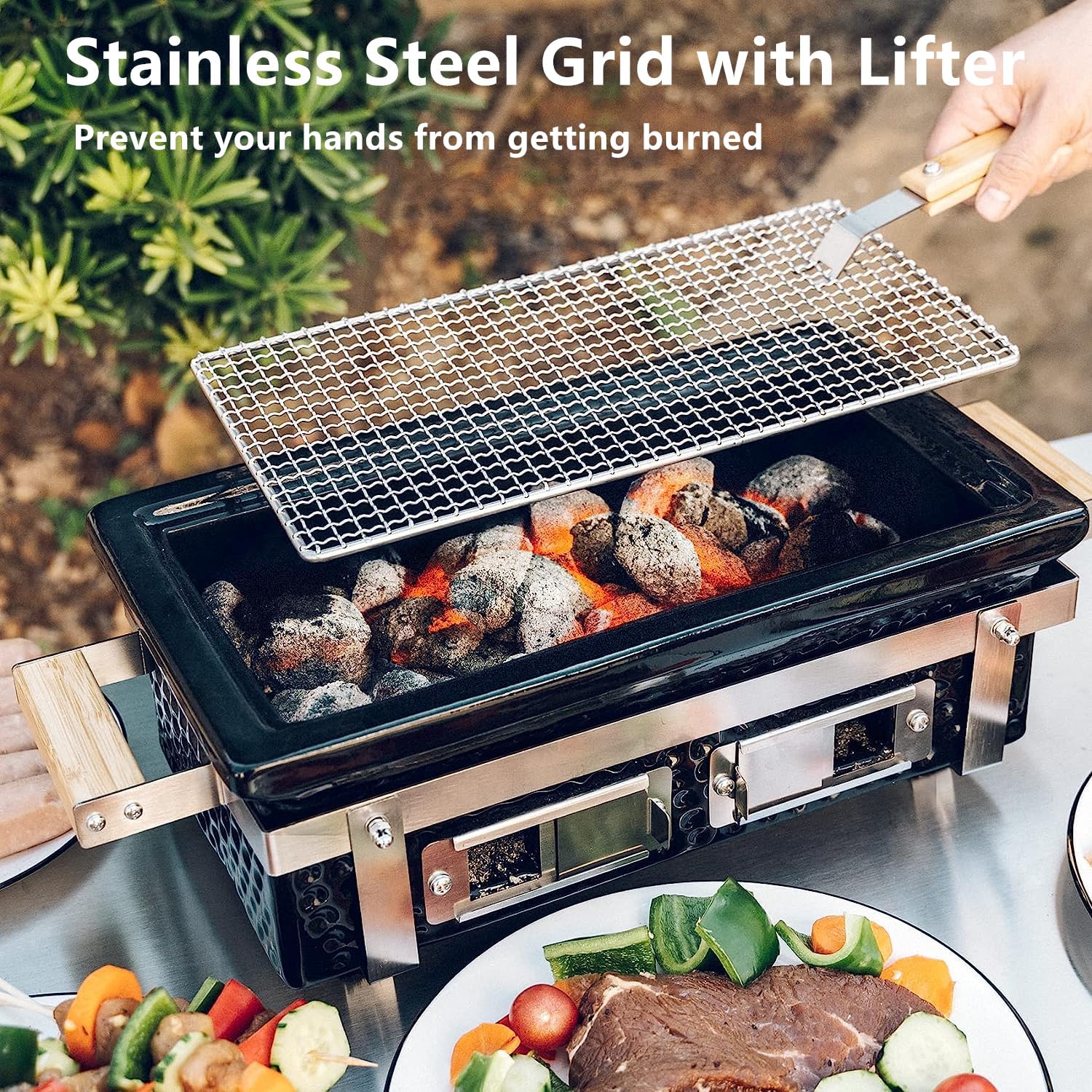 ONLYFIRE GRILLS portable hibachi with wood handles for easy transport