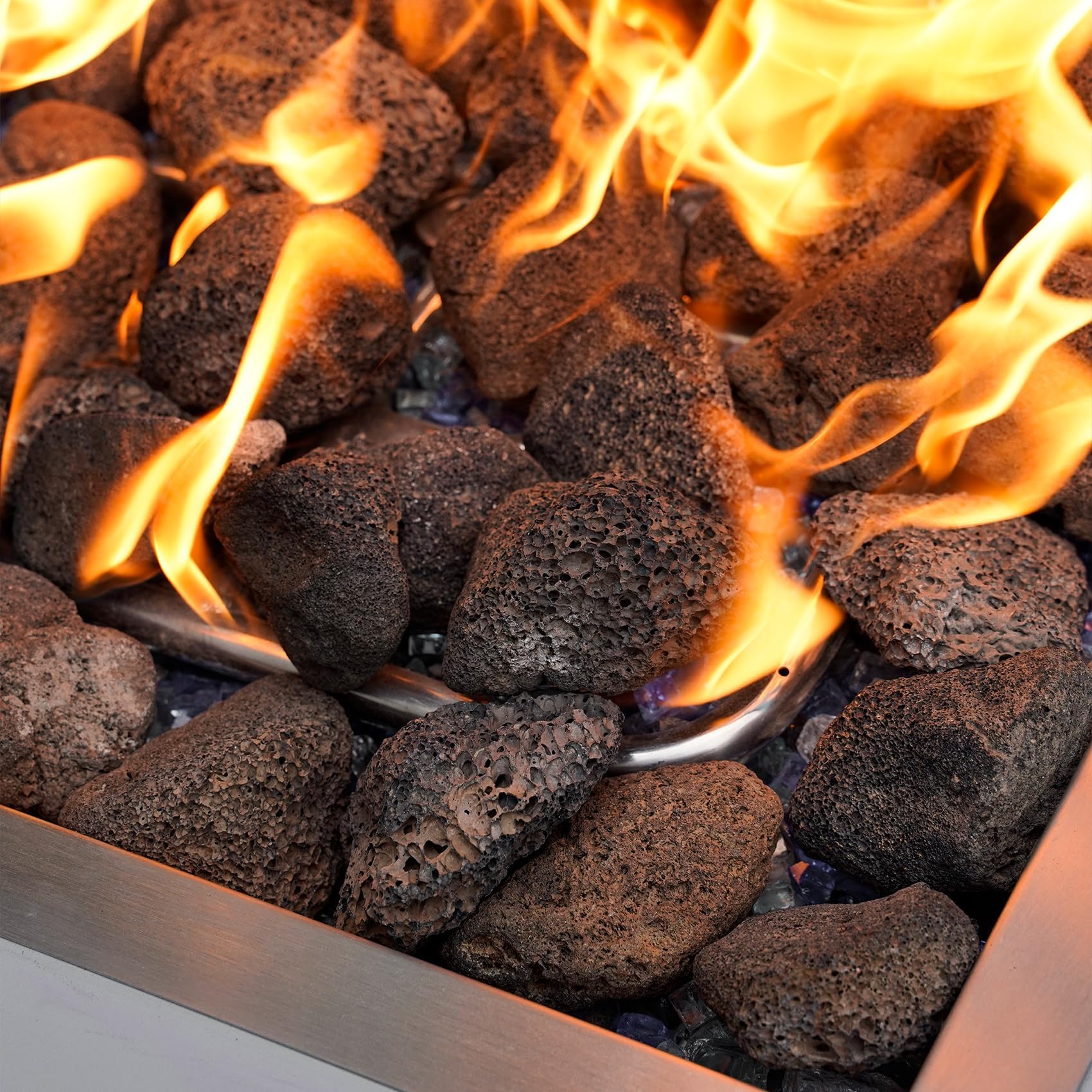 Onlyfire lava rocks covering pipes for tidy, decorative airflow covers.