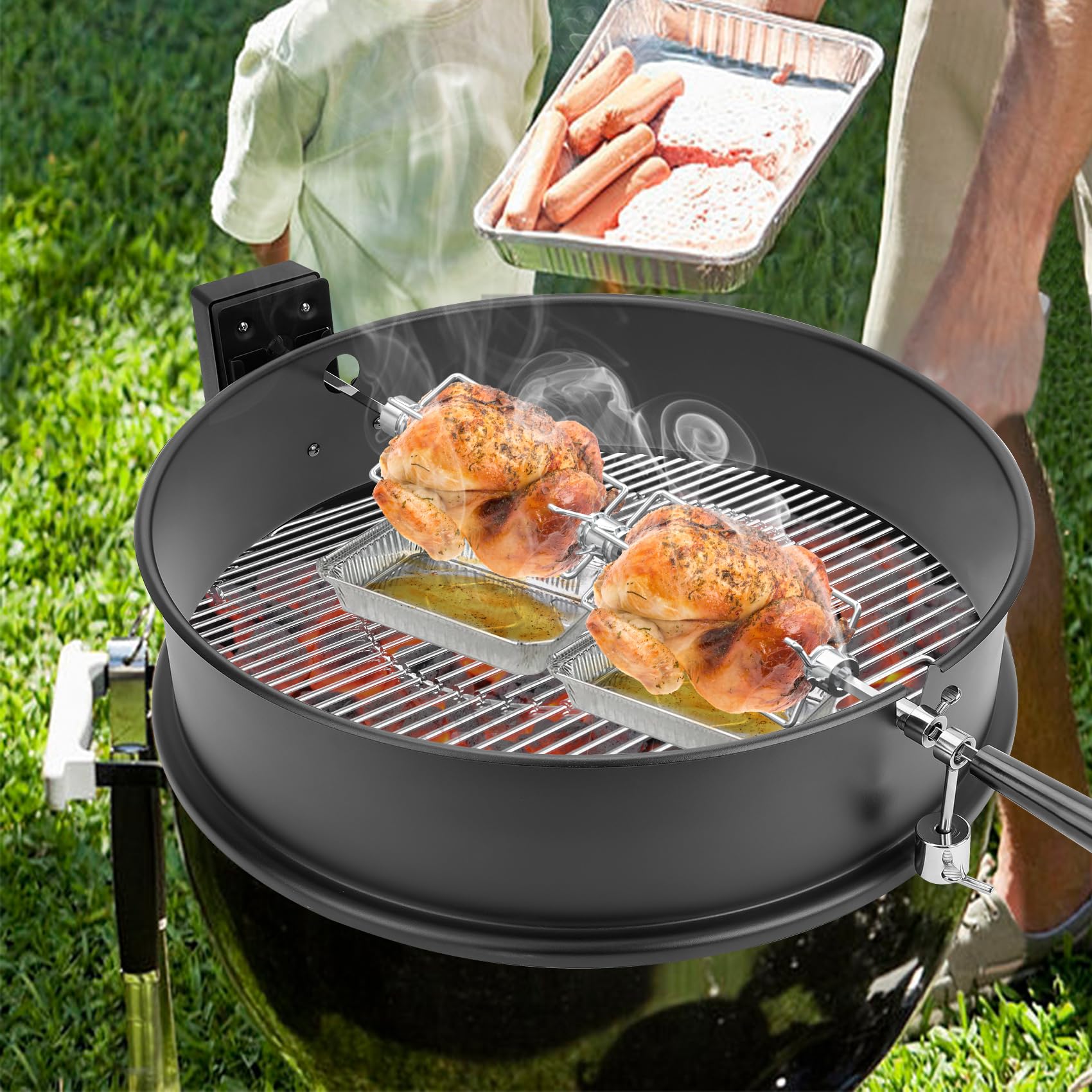 Two chickens roasting with OnlyFire forks for high-capacity grilling