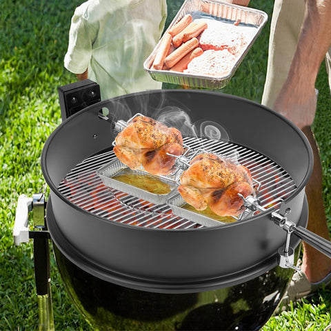 Two chickens roasting with OnlyFire forks for high-capacity grilling