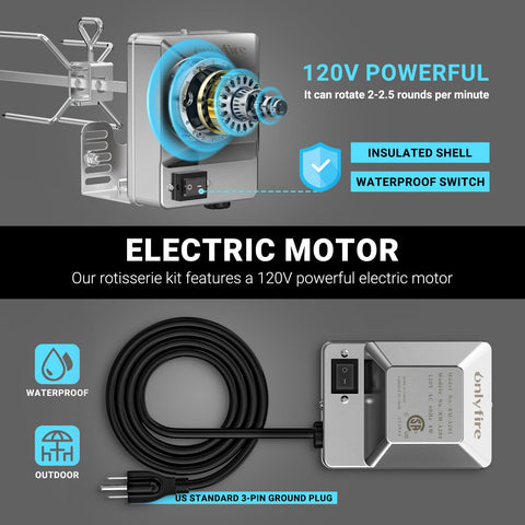 Onlyfire rotisserie motor showing 36-inch cord for flexible placement