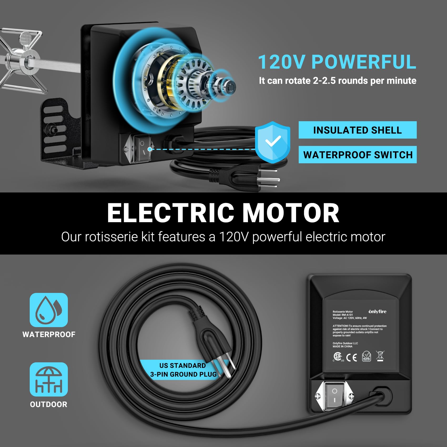 Onlyfire rotisserie motor fits standard mounts for easy, reliable upgrades.