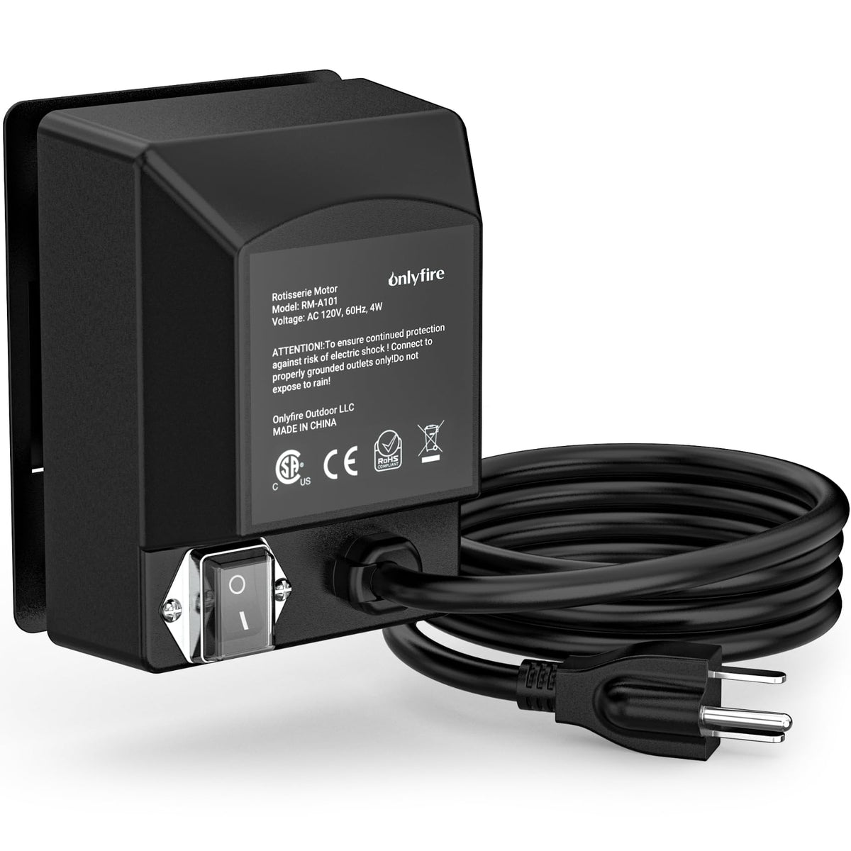 Onlyfire rotisserie motor front view, compact black unit for versatile grilling.