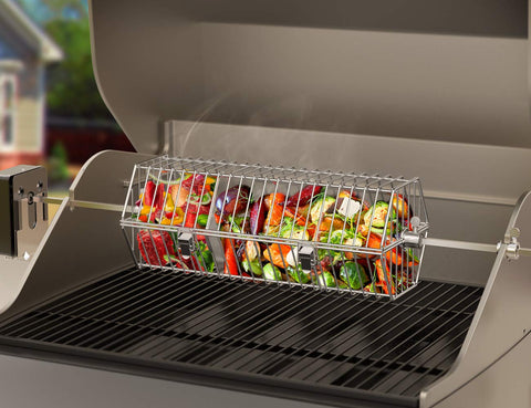 Onlyfire basket loaded with vegetables and chicken for balanced roasting