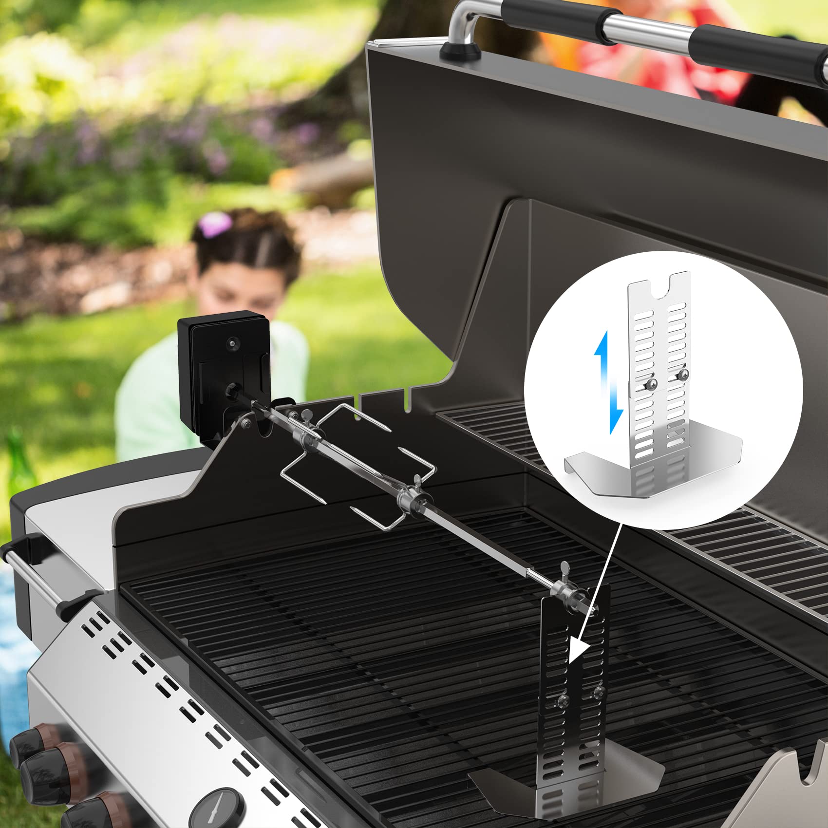 Onlyfire spit rod support bracket stabilizes the setup on the grate.