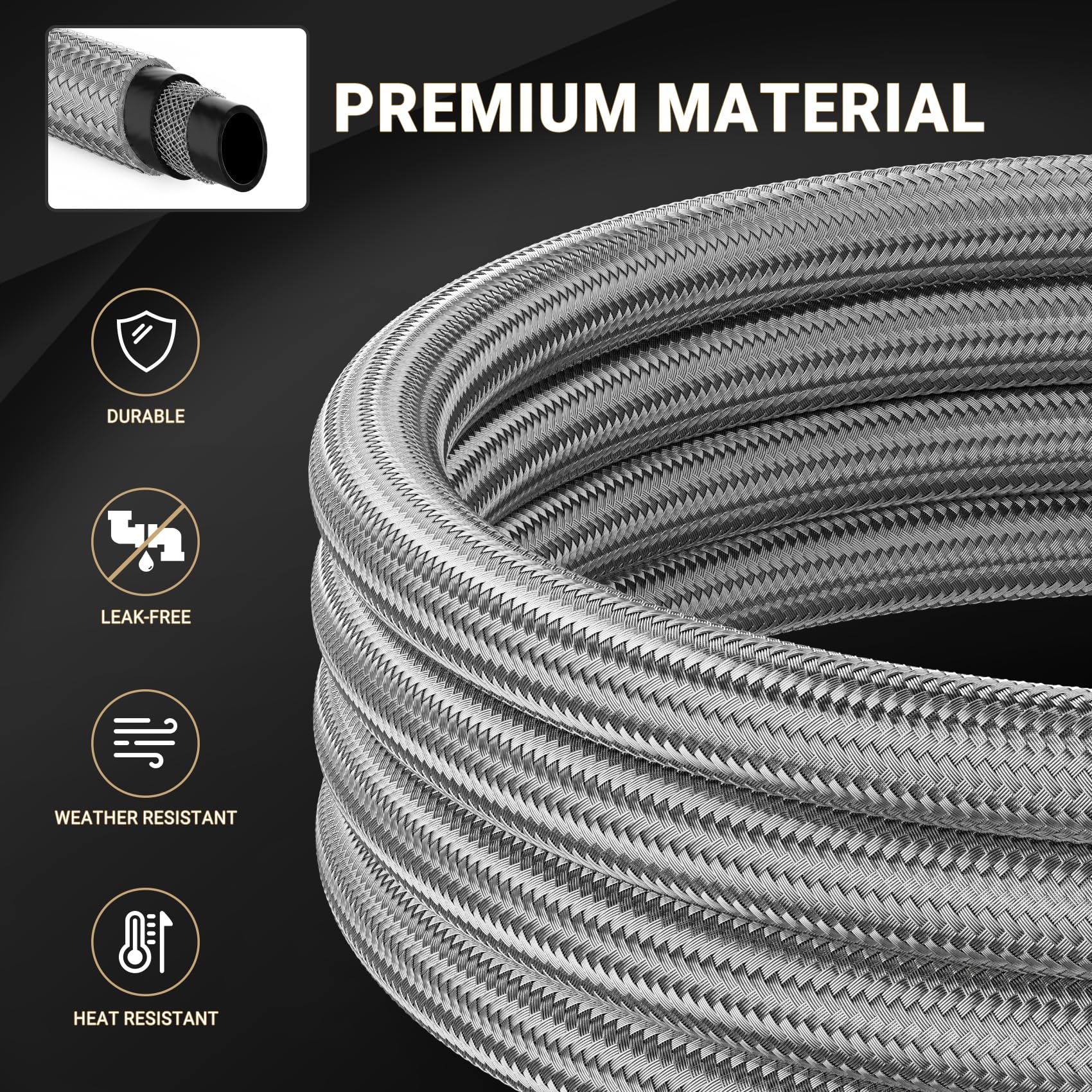 Close-up of stainless braided hose showing durability and corrosion resistance.