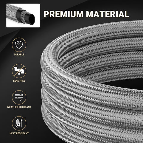 Close-up of stainless braided hose showing durability and corrosion resistance.