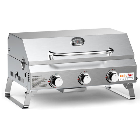 Onlyfire GS307 table top grill with three burners for versatile outdoor cooking.