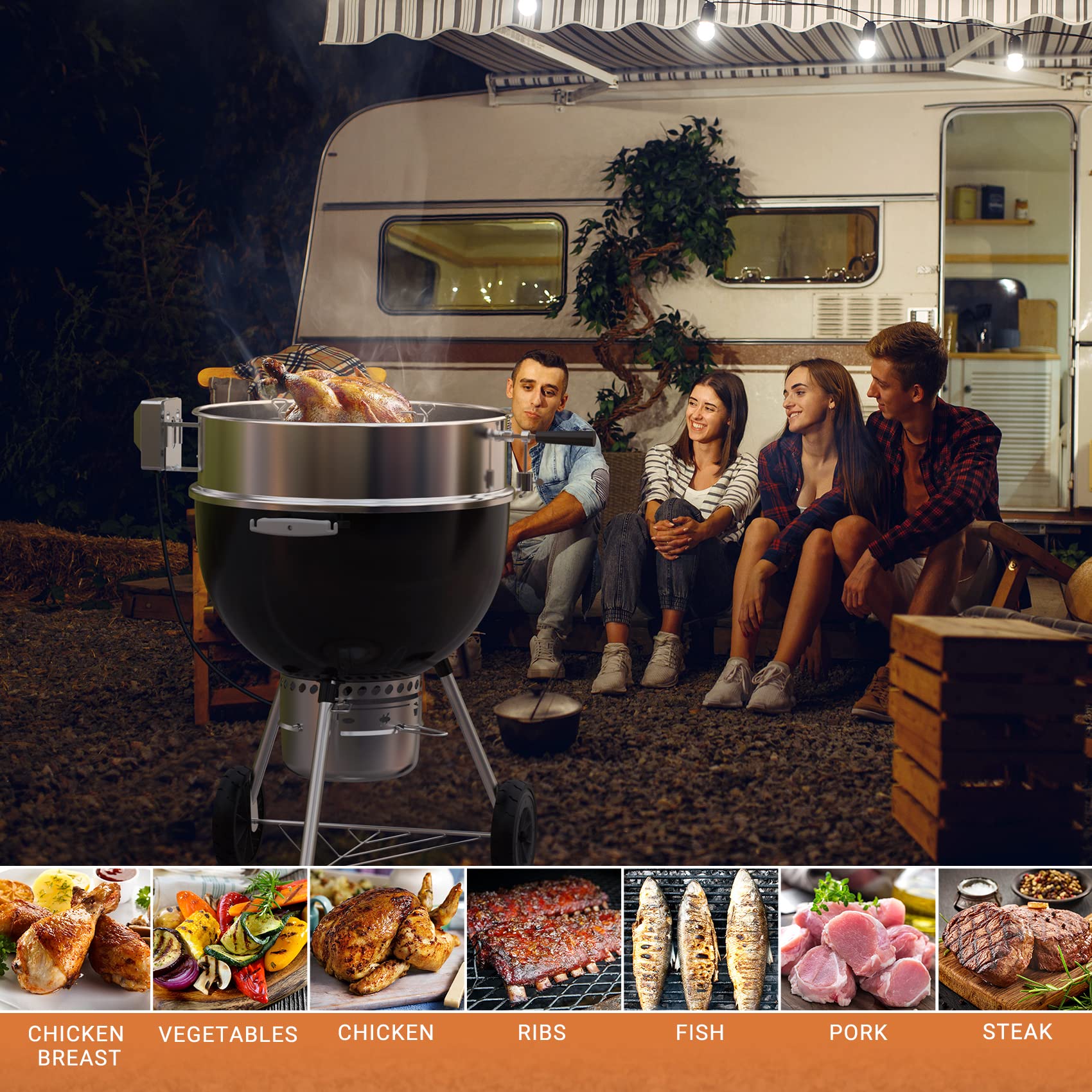Onlyfire two-chickens roaster setup supports multiple skewered dishes for gatherings