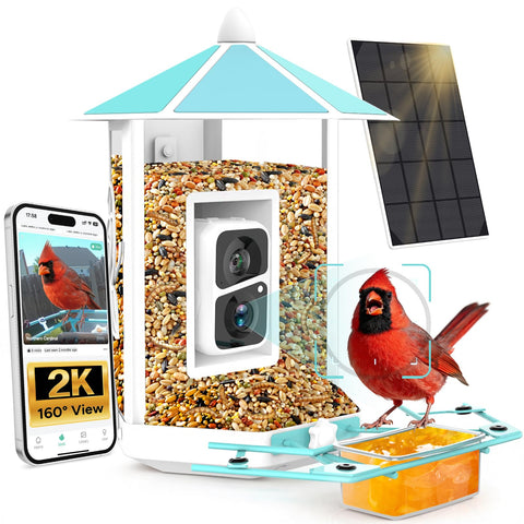 OnlyFly Bird Feeder Camera front view shows 2K clarity for close bird details.