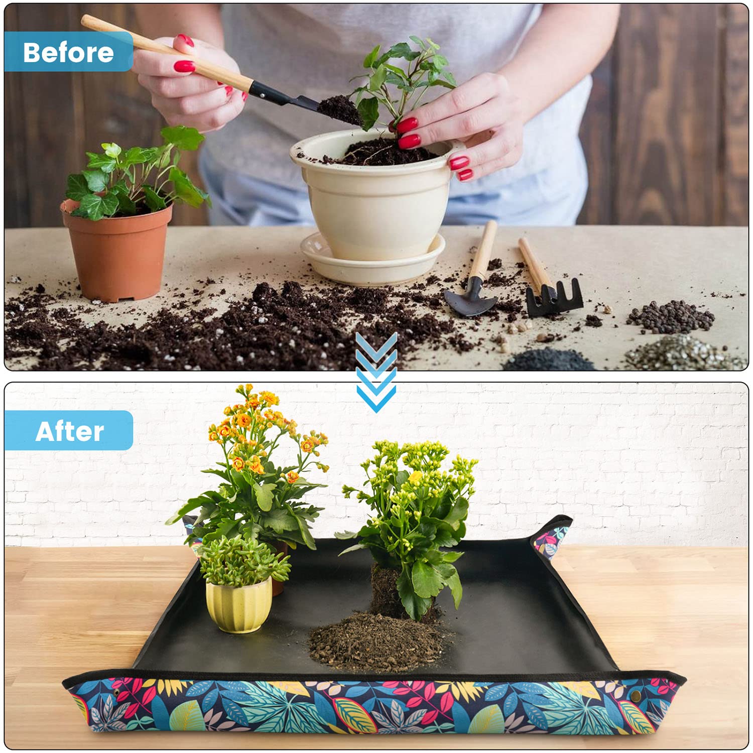 Onlysuki potting mat corner buckles prevent spills.