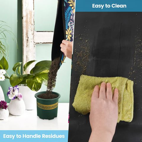 Onlysuki potting mat on desk contains dirt during repotting.