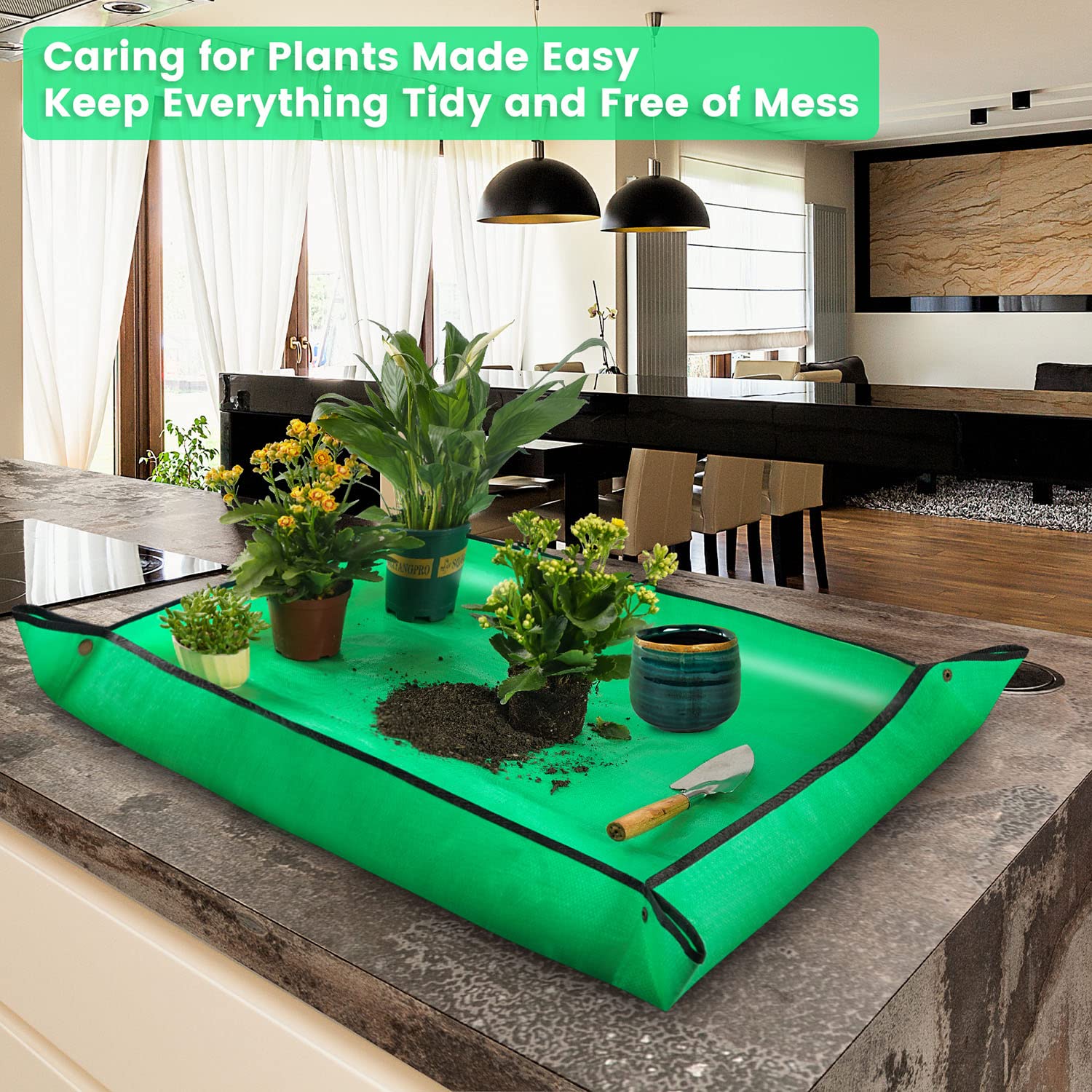Onlysuki repotting mat in use during transplant for a tidy workspace.