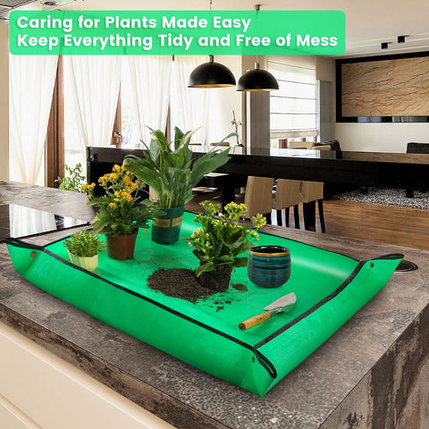Onlysuki repotting mat in use during transplant for a tidy workspace.