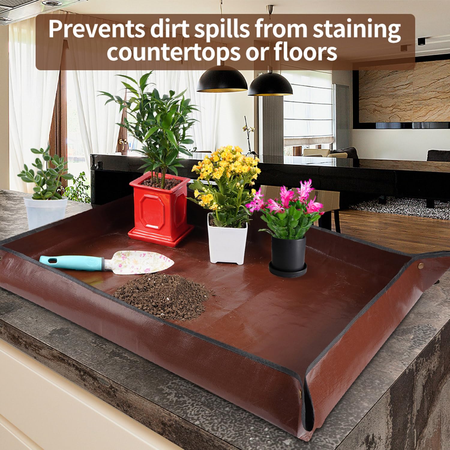 Onlysuki repotting mat shows copper buckles preventing leaks and dirt