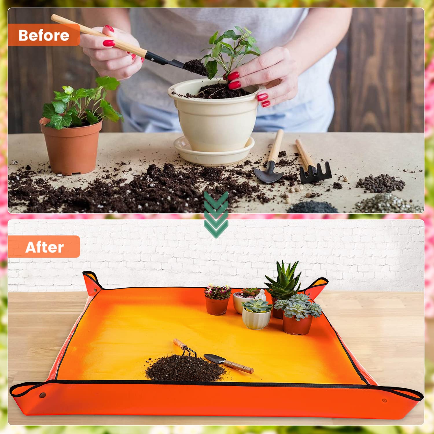Onlysuki repotting mat shows waterproof fabric keeping soil contained during tasks.