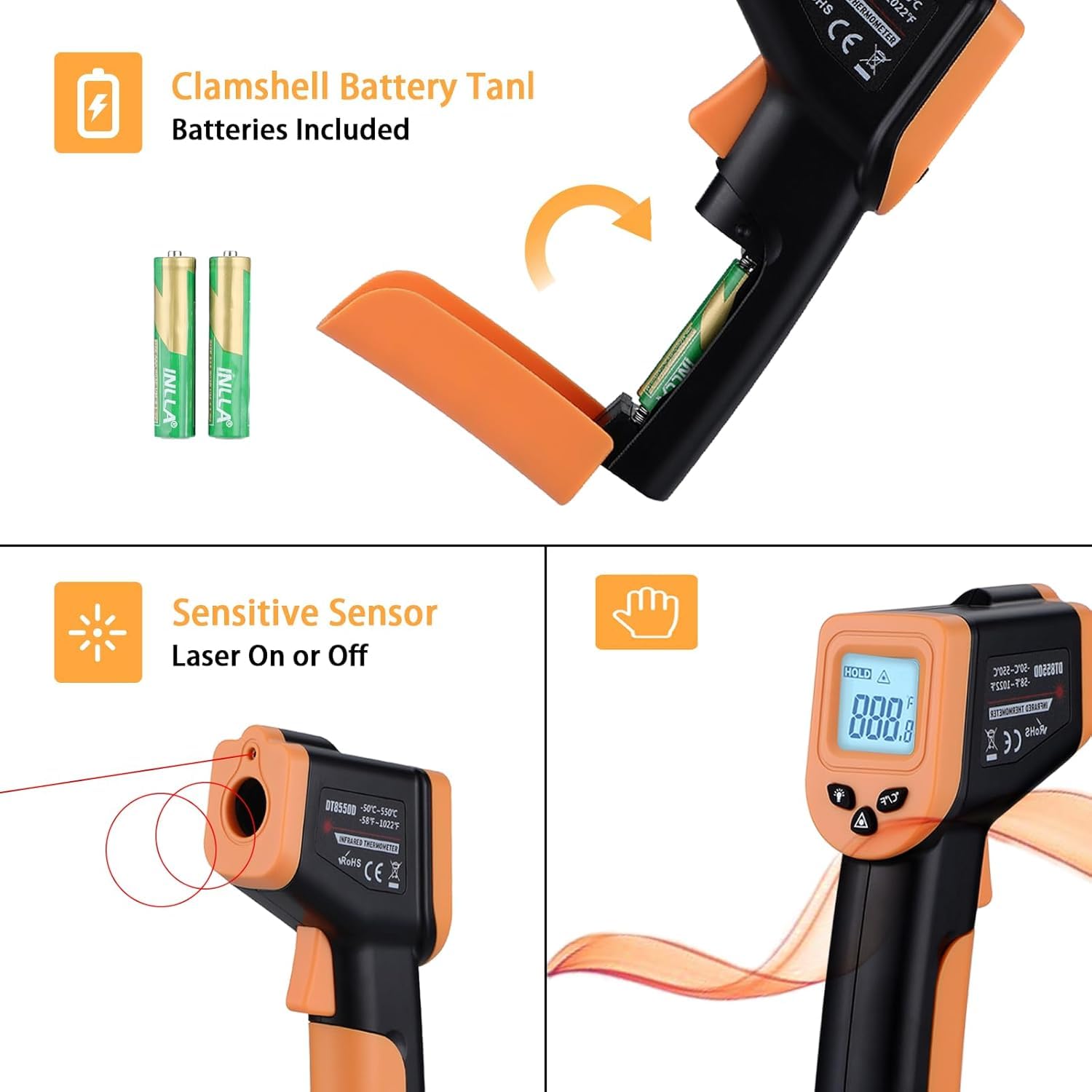 OnniFlame thermometer gun with 90-degree battery cover design
