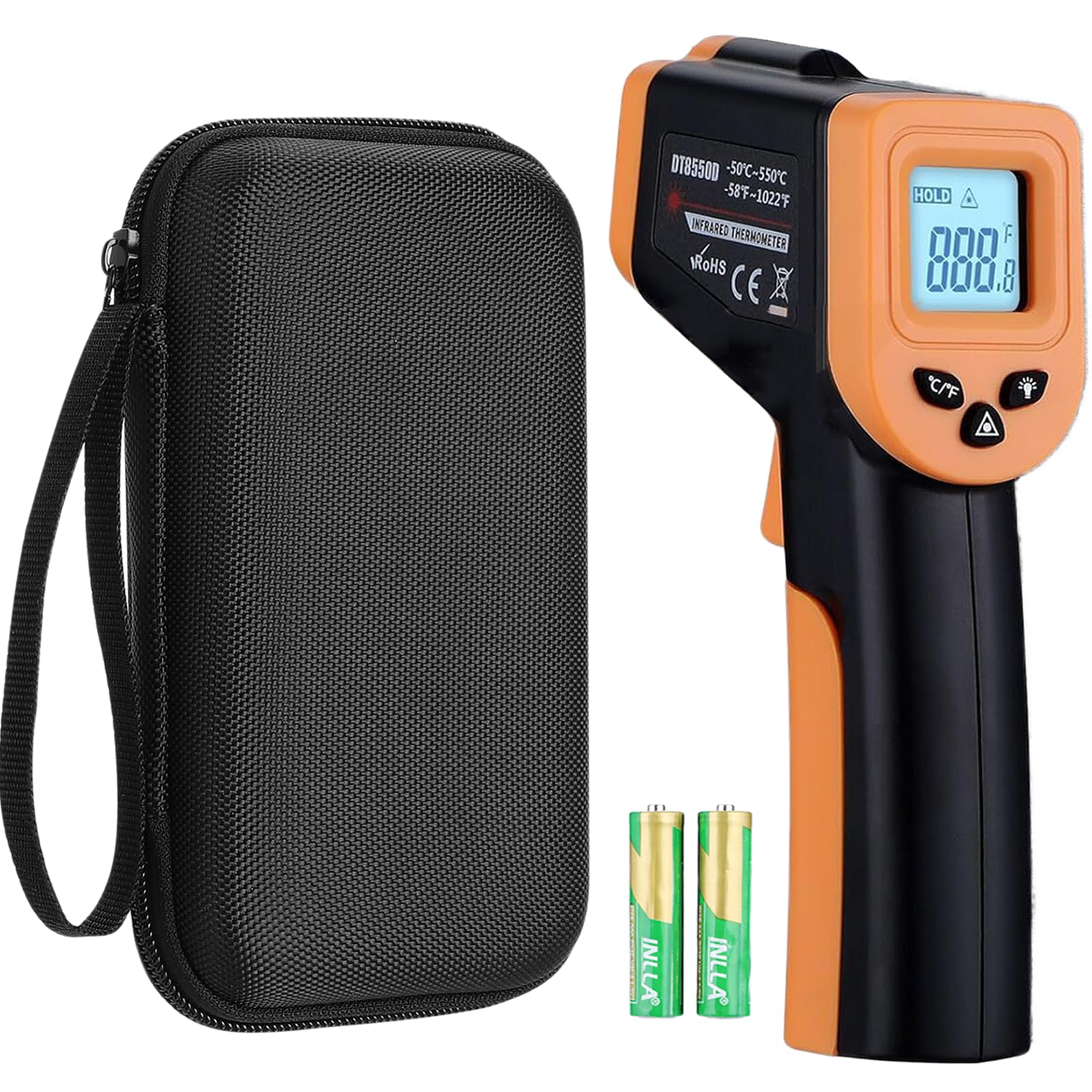 OnniFlame Blackstone infrared thermometer gun over grill with clear reading