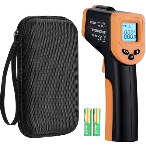 OnniFlame Blackstone infrared thermometer gun over grill with clear reading