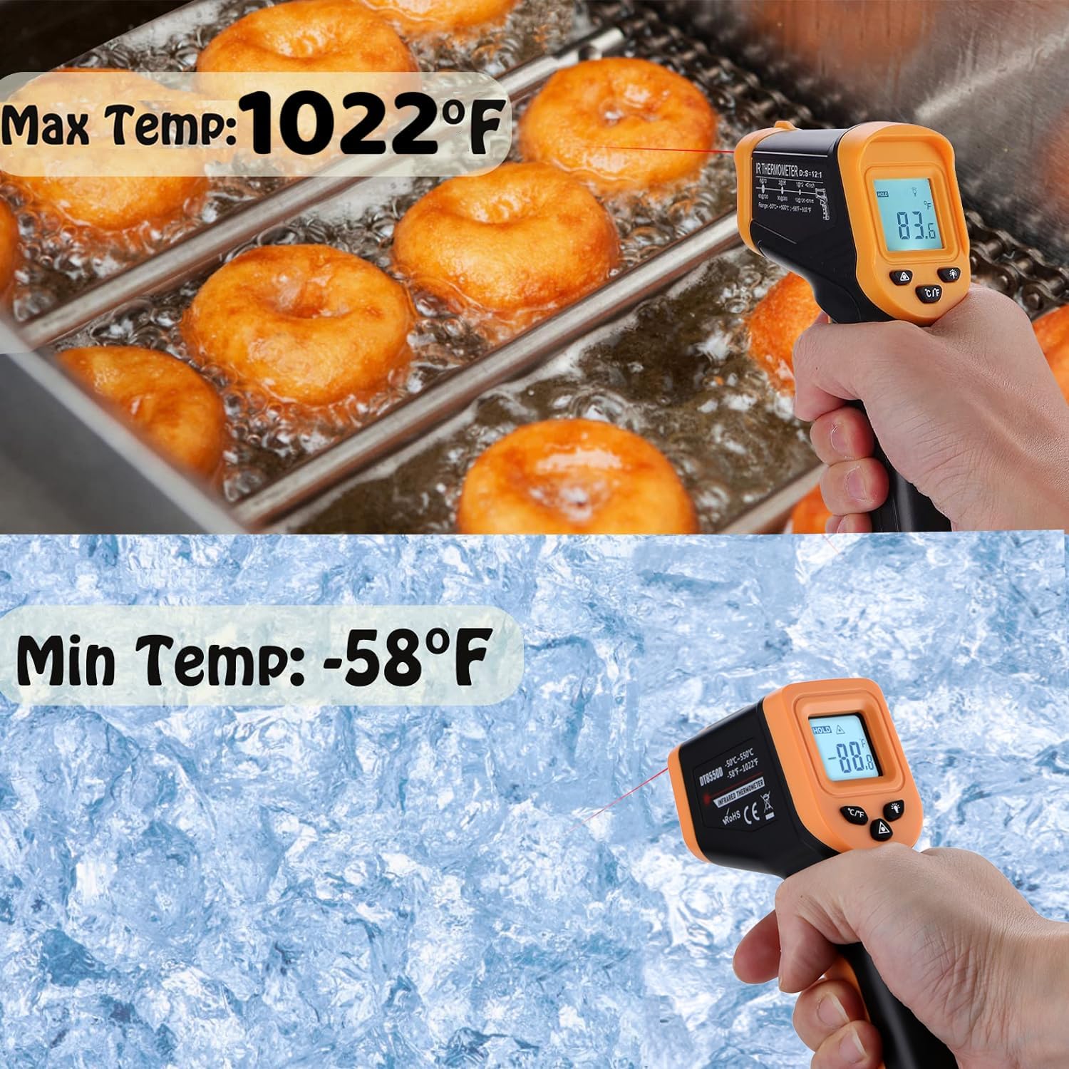 OnniFlame Blackstone thermometer gun in use during night cooking