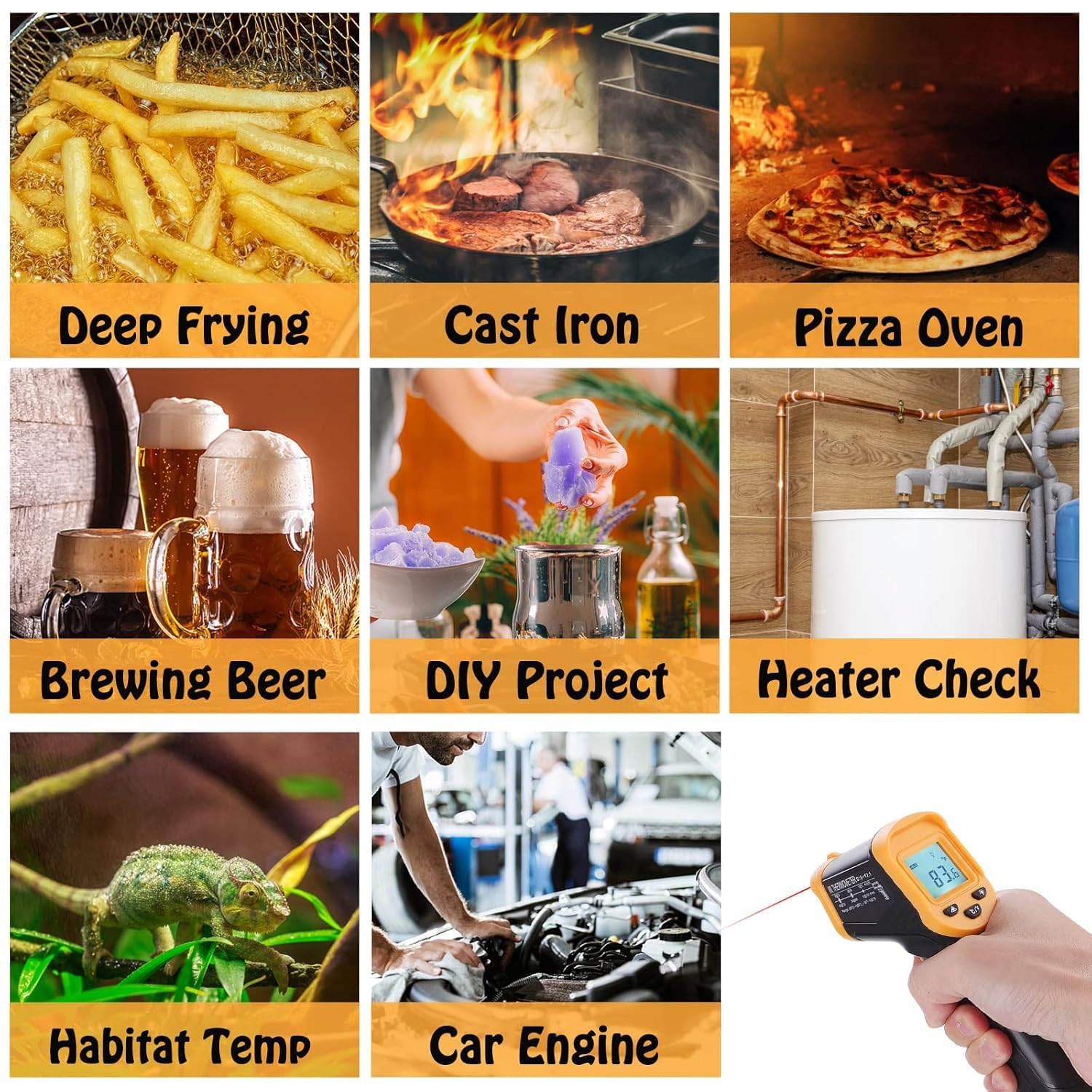 OnniFlame non-contact thermometer checking pizza oven surface