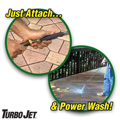 Ontel Turbo Jet Power Washer nozzle: fan-spray for wider coverage on decks and patios.