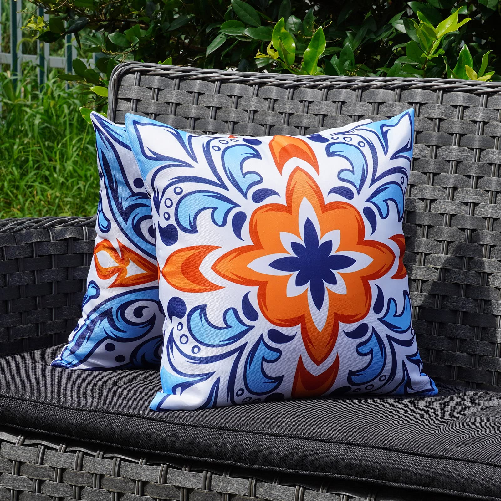 ONWAY boho floral design pillow cover for outdoor spaces in blueorange 18x18