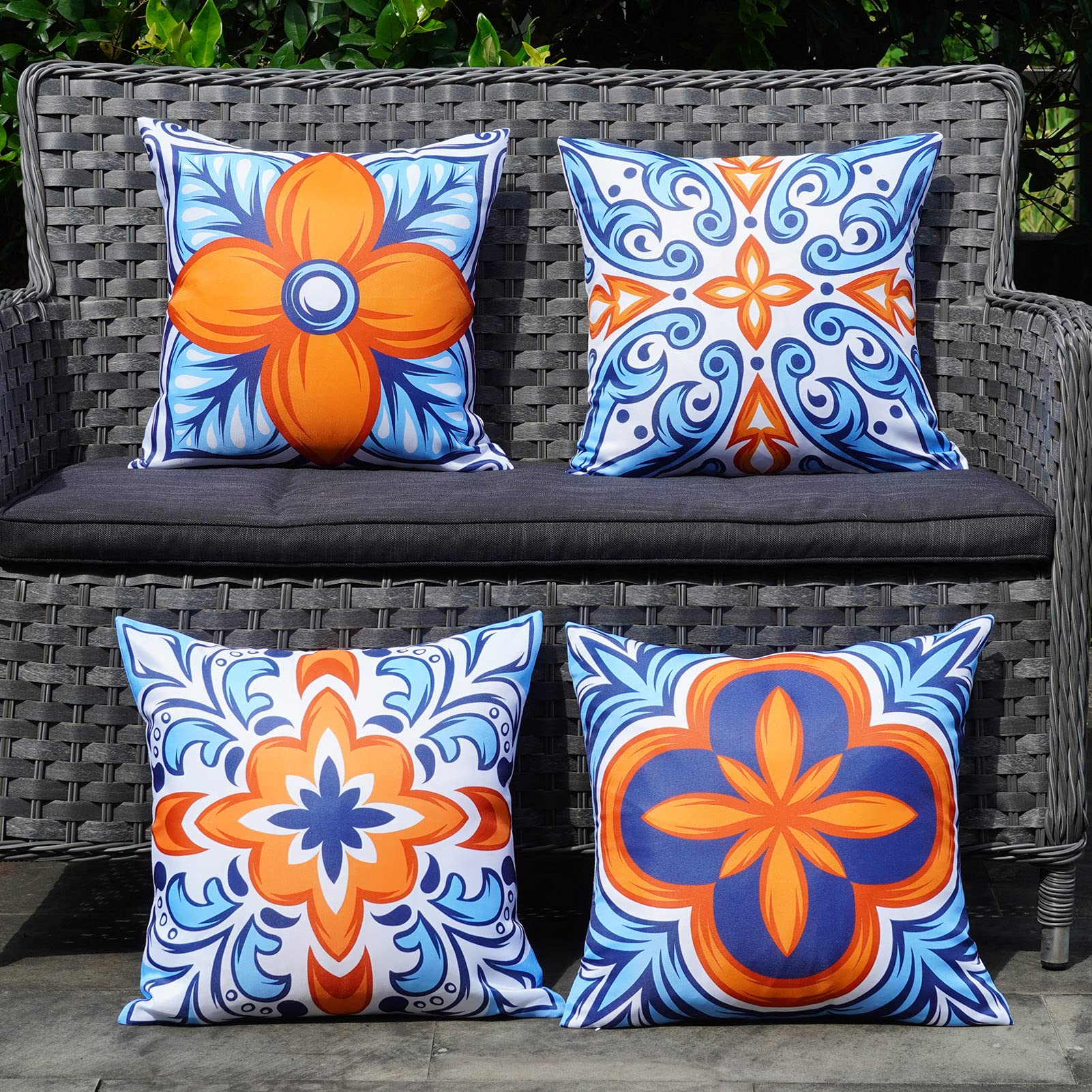 ONWAY outdoor pillow cover with waterproof boho floral in blueorange 18x18
