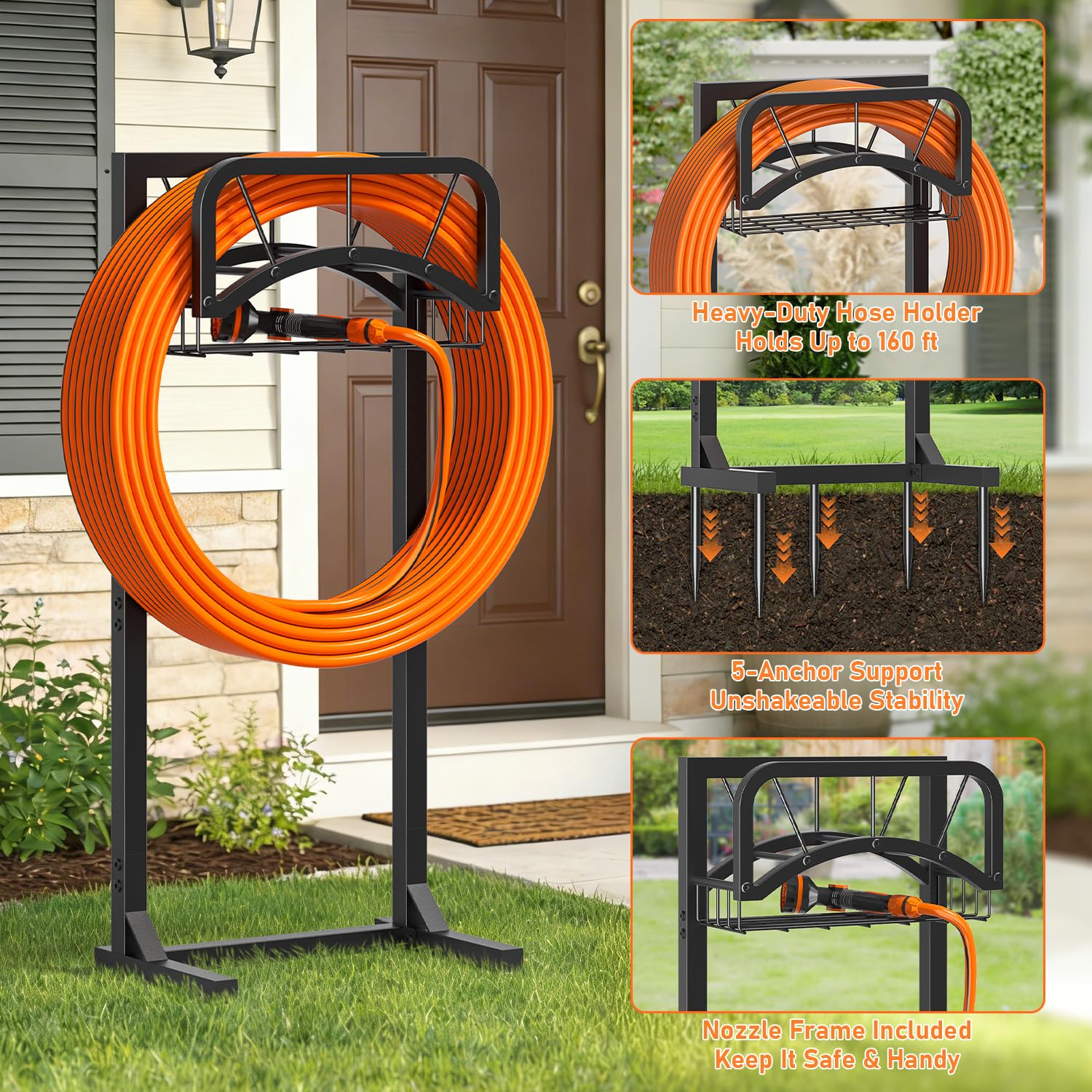 ONWAYHOME garden hose holder includes storage basket for accessories.