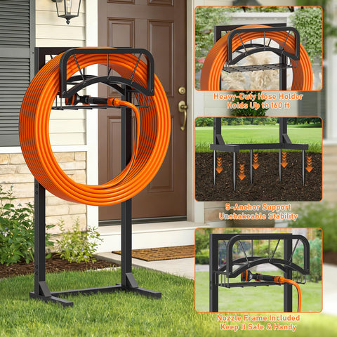 ONWAYHOME garden hose holder includes storage basket for accessories.