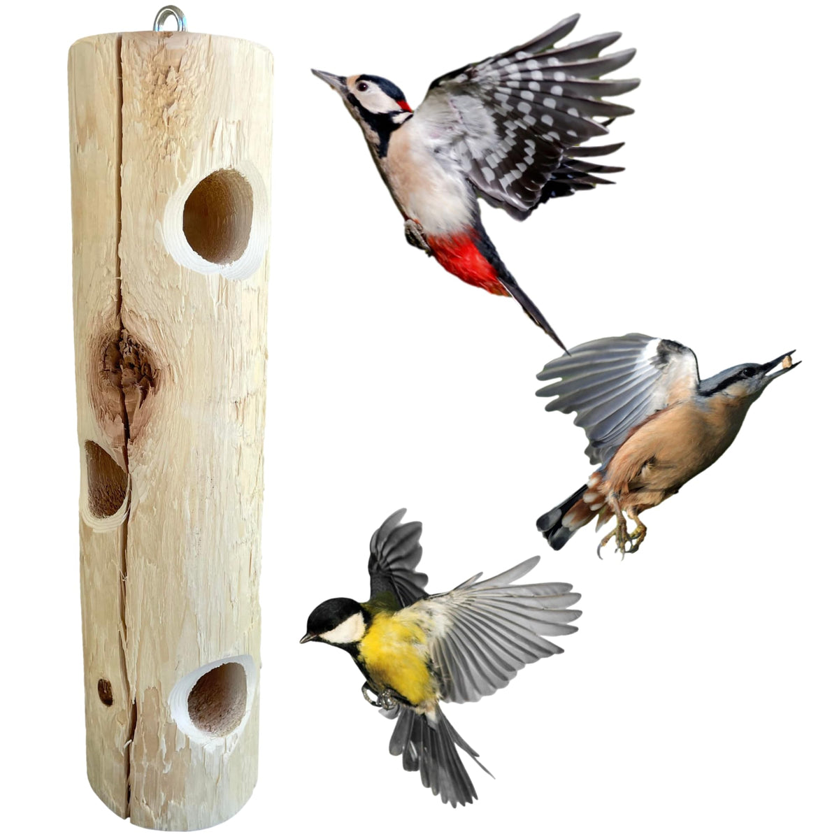 ONWRD natural wood log feeder with 16-inch rustic cedar attracts woodpeckers and chickadees.