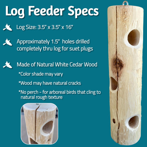 ONWRD suet log feeder's three holes allow versatile suet options.