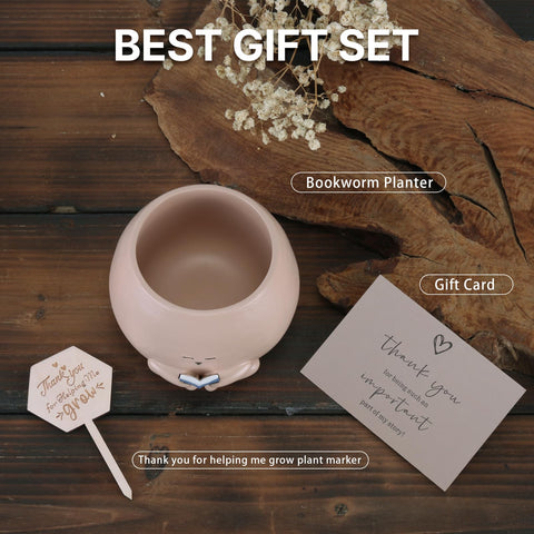 Onzbala Bookworm Planter Pot gift set includes card for a thoughtful present.