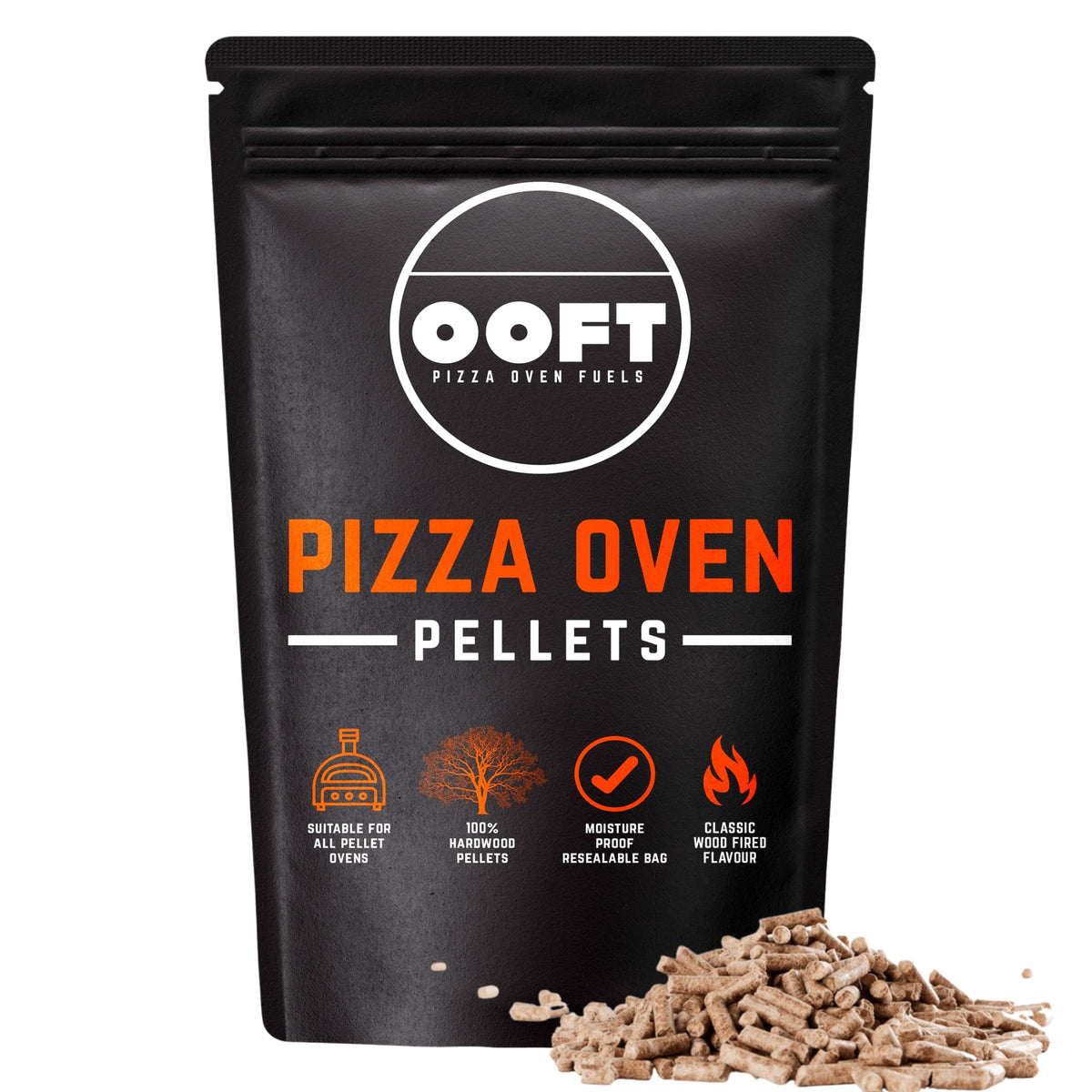 OOFT pizza oven pellets in a resealable moisture-proof bag for freshness.