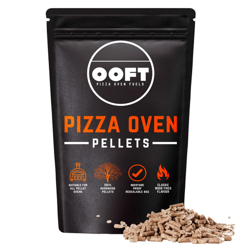 OOFT pizza oven pellets in a resealable moisture-proof bag for freshness.