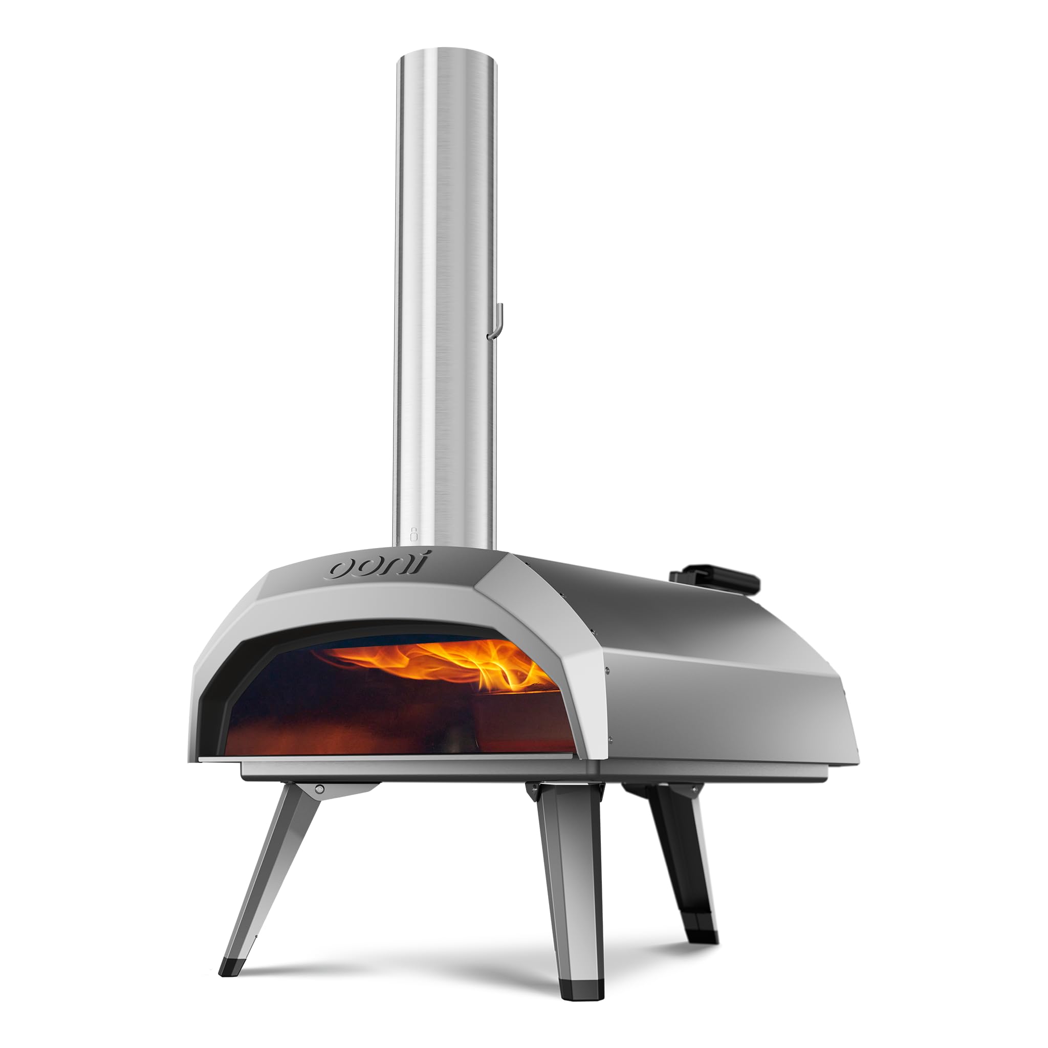 Ooni Karu 12 front view shows portable design for quick backyard pizzas.
